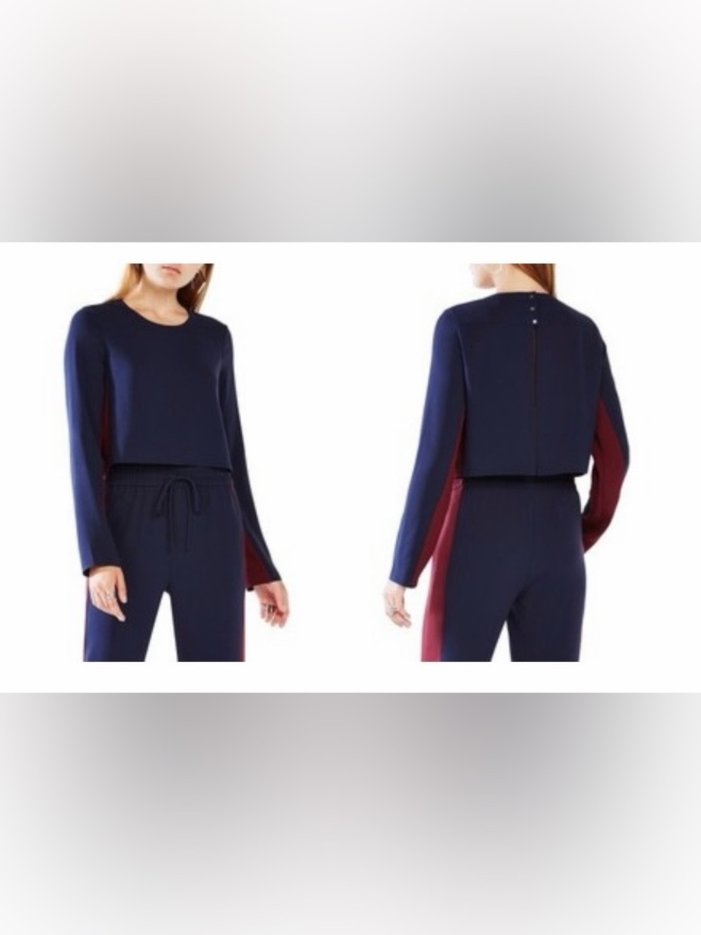 BCBGMaxAzria Vintage Navy and Burgundy Two-Tone Long-Sleeve Jumpsuit FLAWs